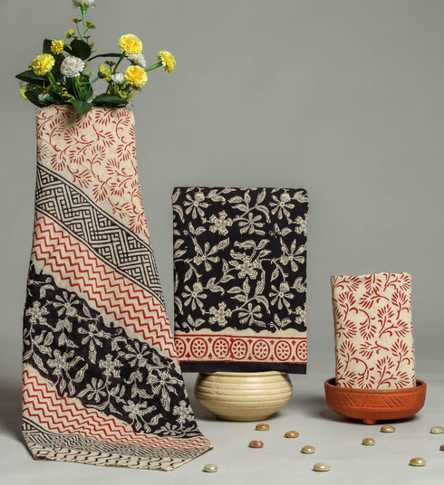 Black Floral Jaal Print Cotton Suit Set with Mulmul Dupatta (PRMUL113)